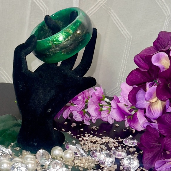 Luscious Dark Jungle Green Swirled Golden Black Wide Bangle Bracelet Handcrafted - Picture 3 of 11